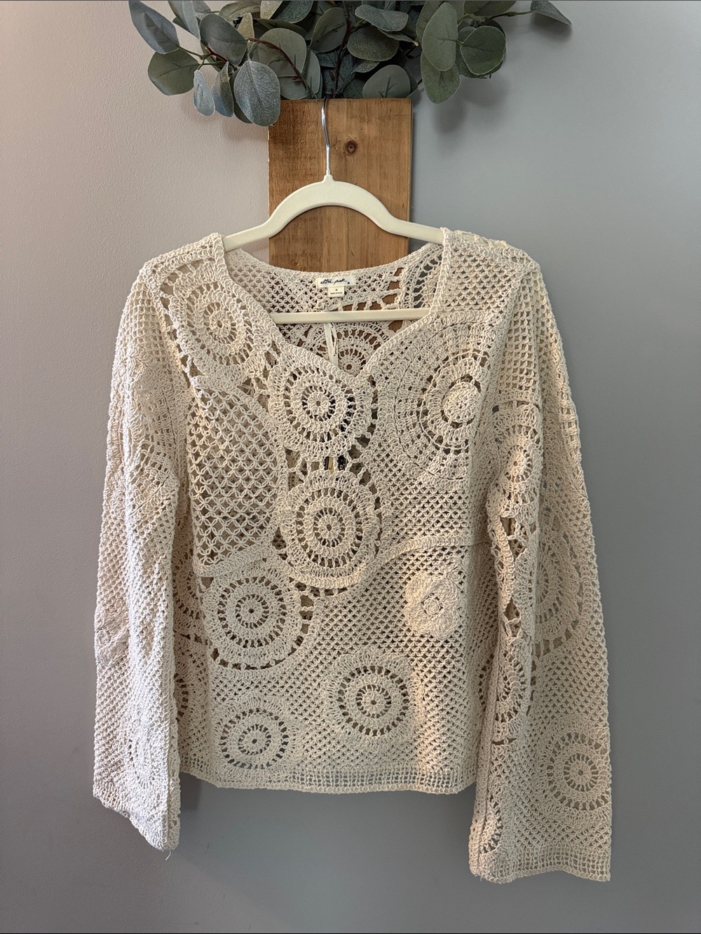 Ultra Pink Crochet Openwork Long Sleeve Top - Cream, M, NWTs